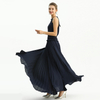 D199 Women Solid satin halter neck smocked-waist sunburst pleated maxi evening dress