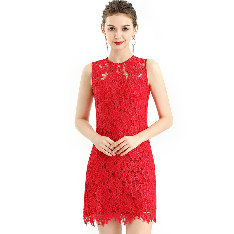 D097 Women Floral eyelash lace sleeveless fitted day and party mini dress