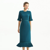 D095-1 Women Polyester crepe short sleeves ruffle detailed straight-cut midi dress