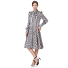 D140 Women flower print bow tie long puff sleeves tiered midi day dress
