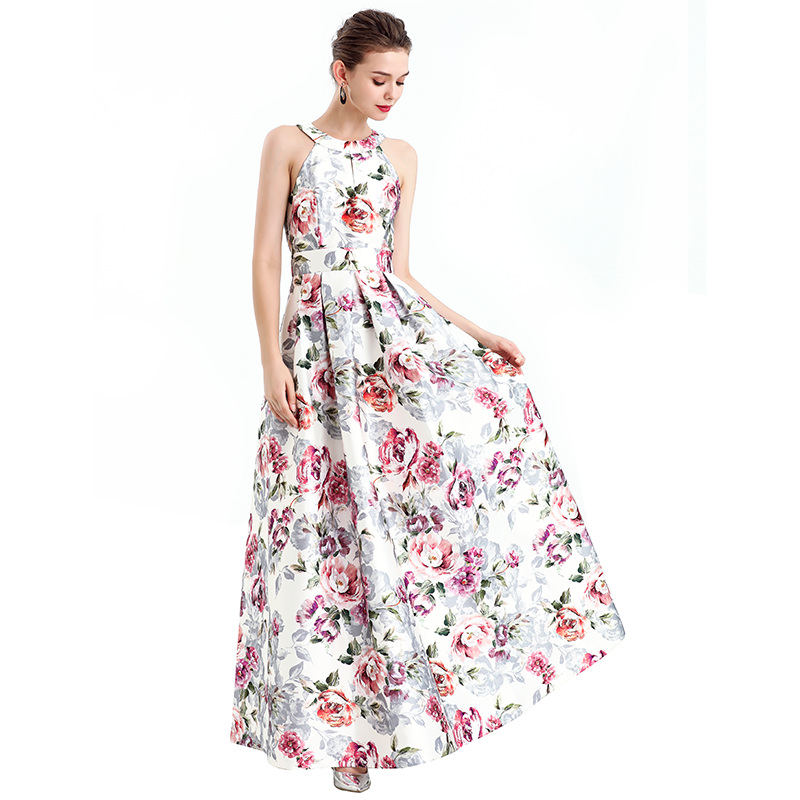 D112 Women floral Print halter neck sleeveless full circle flared maxi evening dress