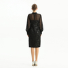 D124 Women sequin embellished organza mock neck long puff sleeves fitted midi evening dress