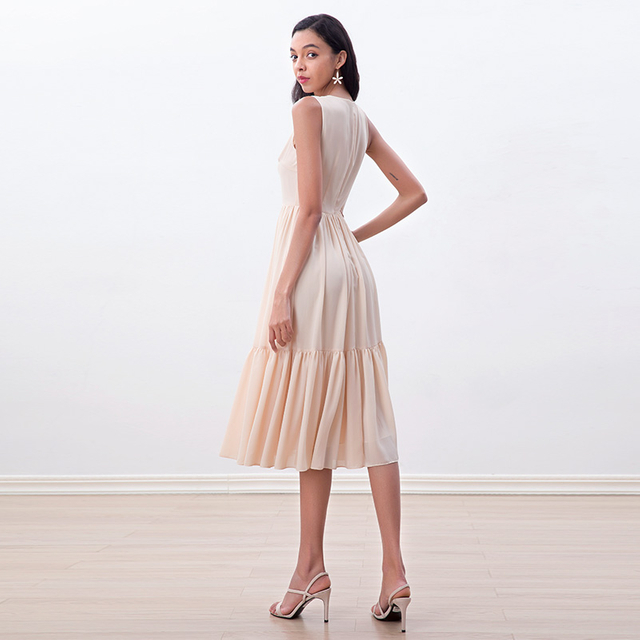 D178-1 Women Solid sleeveless tiered flared midi day dress