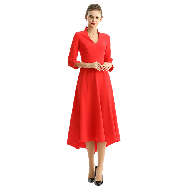 D186 Women Solid three-quarter sleeves A-line high low hem midi party dress 