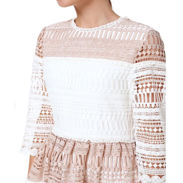 D139 Women Macramé lace-panelled three-quarter sleeves flared midi dress 