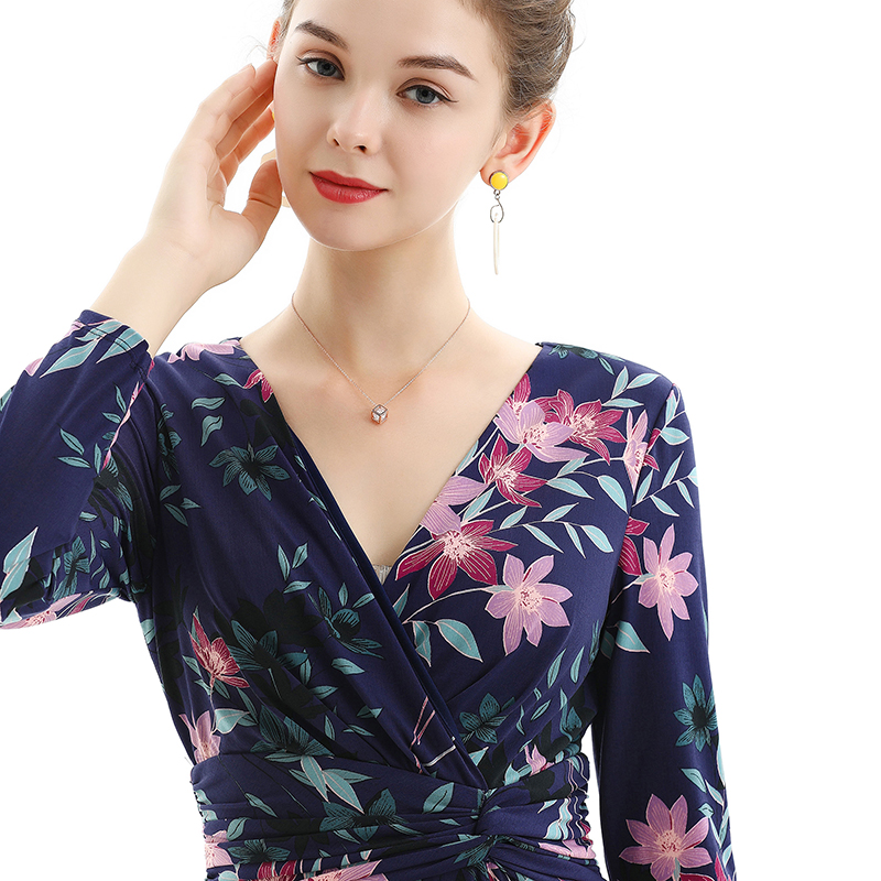 D082 Women Floral print knit three-quarter sleeve mock wrap midi day dress