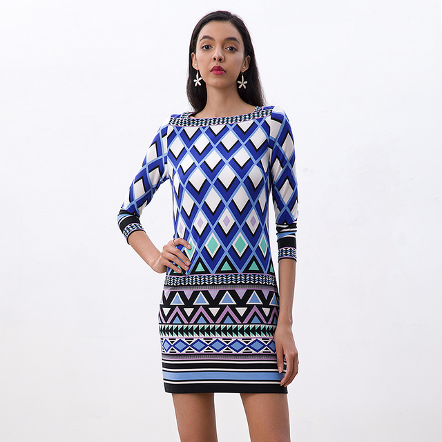 D079 Women Geometric print boat neck three quarter sleeves mini day dress 