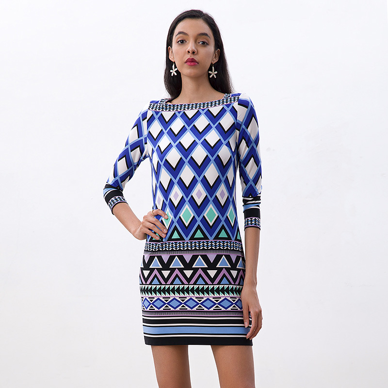 D079 Women Geometric print boat neck three quarter sleeves mini day dress 