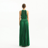 D199 Women Solid satin halter neck smocked-waist sunburst pleated maxi evening dress