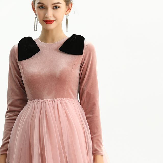 D191 Girls Velvet long sleeves full shape flared design evening long tulle gown 