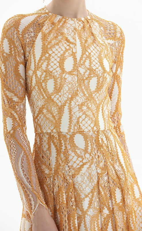 D080-1 Women fashion eyelash lace long sleeves flared pleated party midi dress