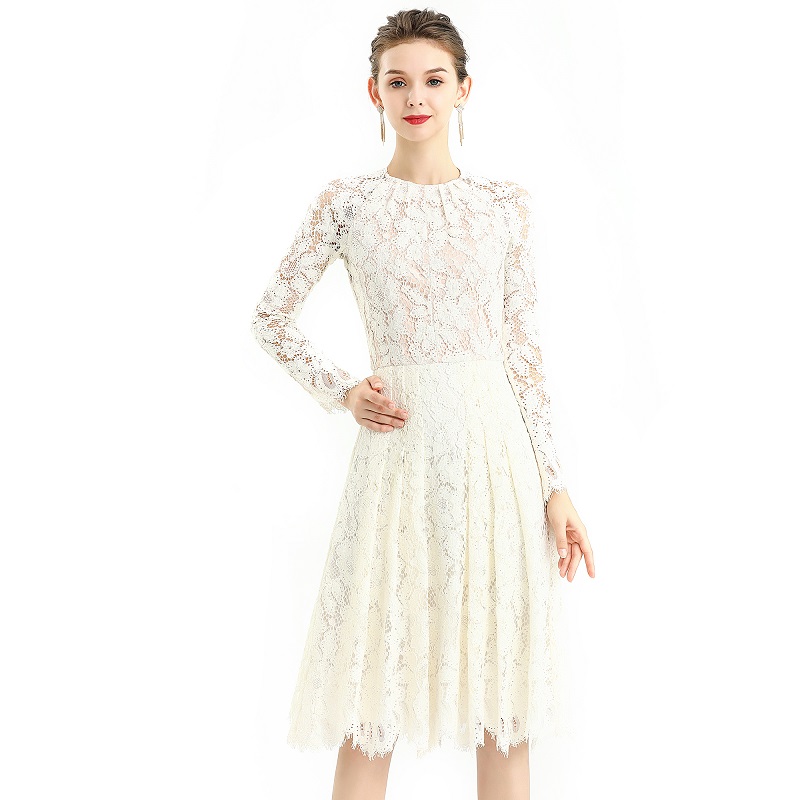 D080-3 Women floral scallop lace long sleeves flared pleated party midi dress