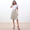 S254 Women faux suede perforated panel mesh combo sunburst pleated midi skirt