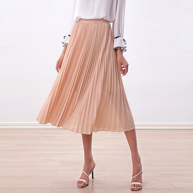 S280L Women Solid chiffon elasticated waist full circle sunburst pleated midi casual skirt