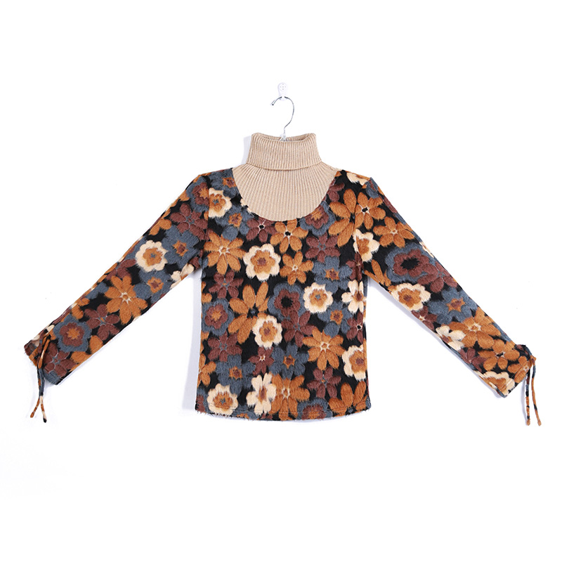 T246 Women Two-in-one flower jacquard-knit turtleneck long sleeves pullover tops