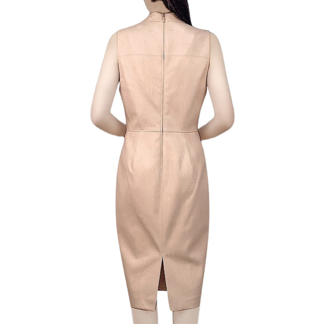 D240 Women faux leather stand collar sleeveless straight-cut midi dress