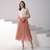 C042 Women Solid chiffon full circle sunburst pleated midi casual skirt