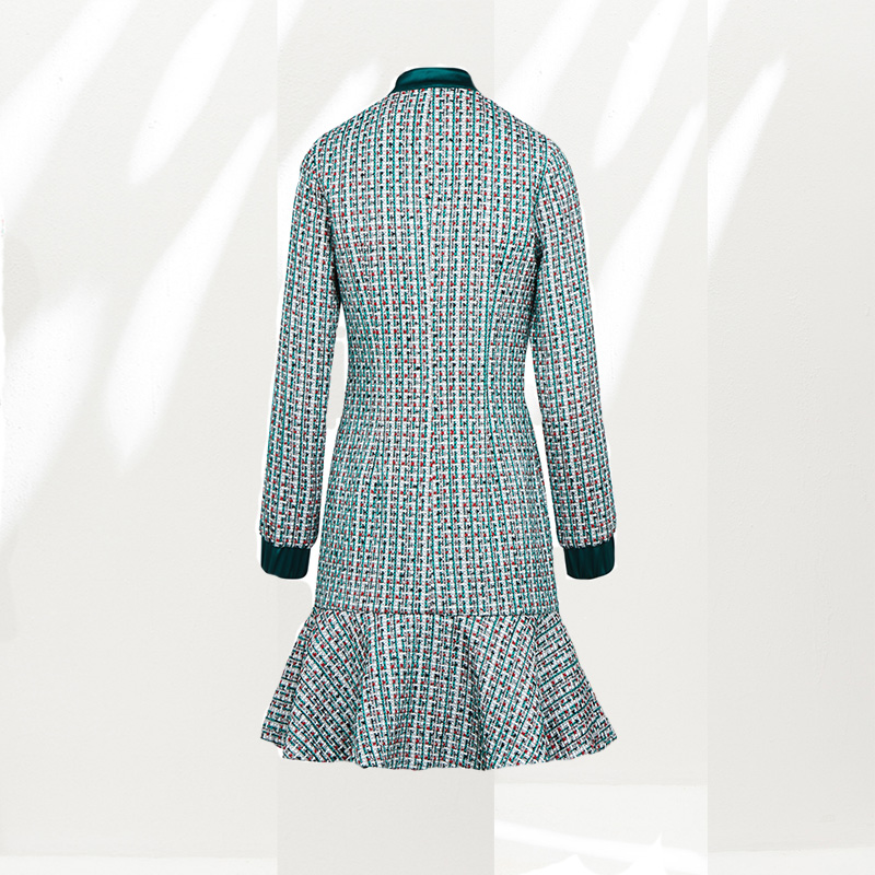 C151 Women Yarn dye tweed long sleeves flounce hem career mini dress