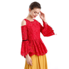T086 Women Solid floral eyelash lace long sleeve cold shoulder party peplum top