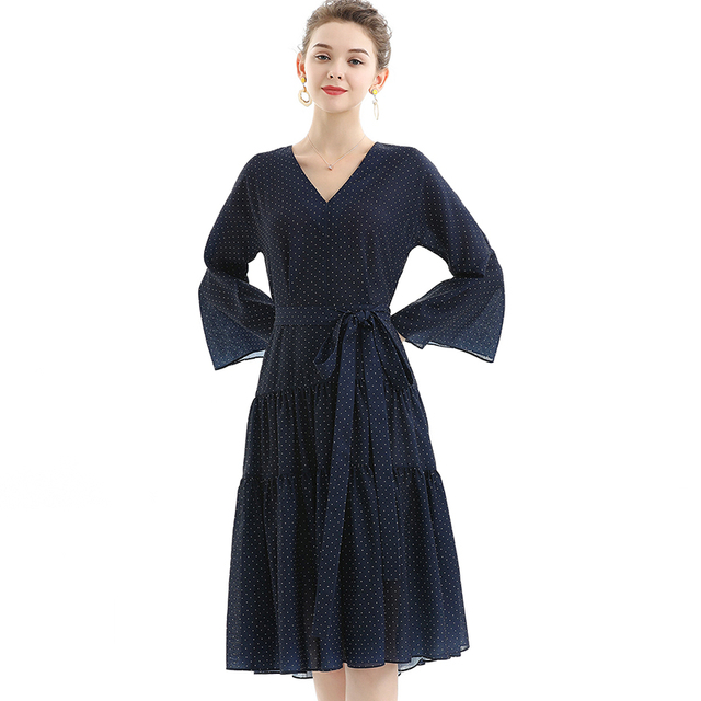 D057-1 Women Polka dot print three-quarter sleeves tiered design midi dress