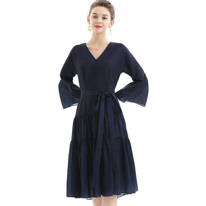 D057-1 Women Polka dot print three-quarter sleeves tiered design midi dress