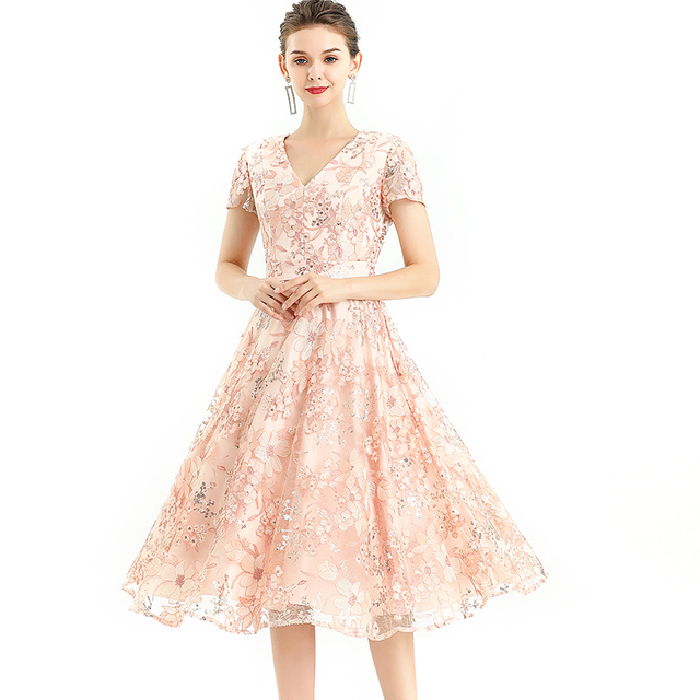  D062-6 Women All-over floral embroidered sequinned V neck cap sleeves flared midi evening dress
