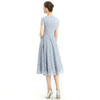 D062-4 Women medallion lace pattern V neck cap sleeves flared midi evening dress