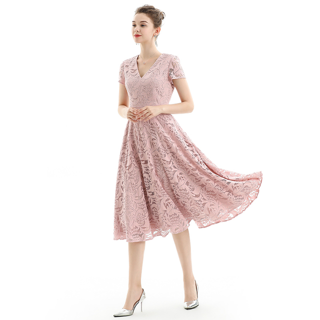 D062-2 Women Scroll leaf lace V neck cap sleeves flared midi evening dress