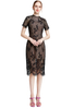D002 Women Floral eyelash lace short sleeve midi fitted party dress