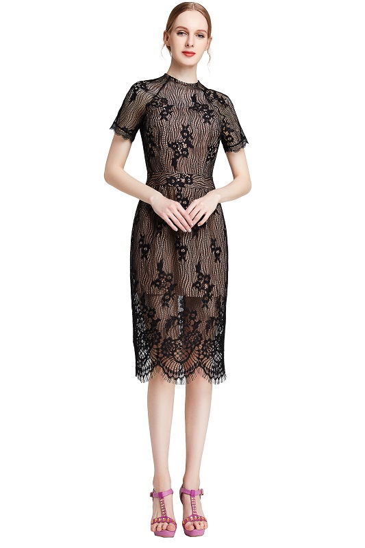 D002 Women Floral eyelash lace short sleeve midi fitted party dress