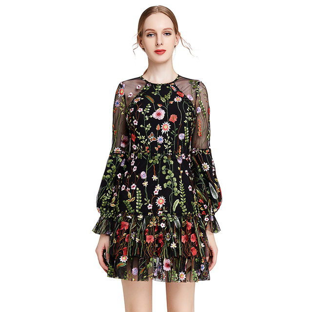 D005 Women All-over embroidered long bell sleeves mini party dress