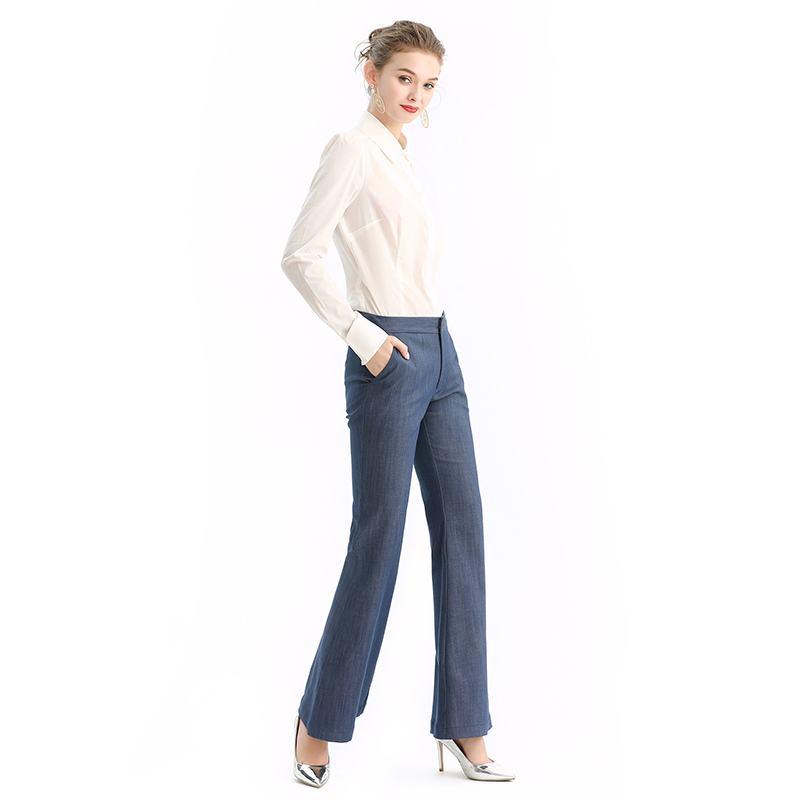 P164-2 Women Tencel polyester stretch denim flared smart casual tailored trousers