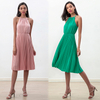 D208-1 Women solid heavy georgette halter neck pleated midi dress