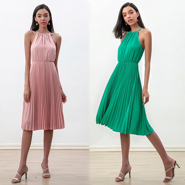 D208-1 Women solid heavy georgette halter neck pleated midi dress