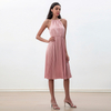 D208-1 Women solid heavy georgette halter neck pleated midi dress
