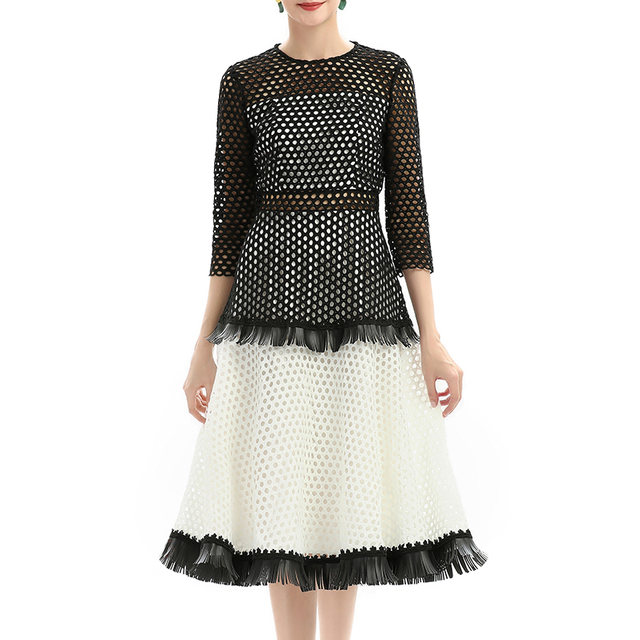 D052 Women Macramé lace three-quarter sleeves tiered design flared midi dress