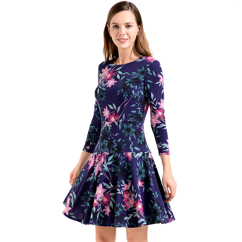 D027 Women floral print round neck long sleeves flared mini day dress