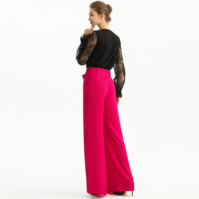 P184 Women Solid wide leg full length formal tailored trousers