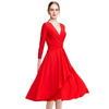 D010 Women Solid knit three-quarter sleeve mock wrap midi day dress