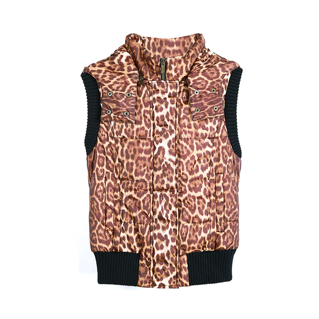 T244 Women Leopard print concealed zip hooded padded outer vest