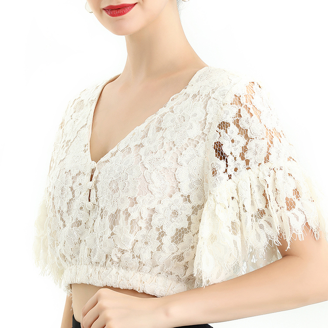 T064-5 Women floral lace V neck short sleeve elasticated hem cropped blouse