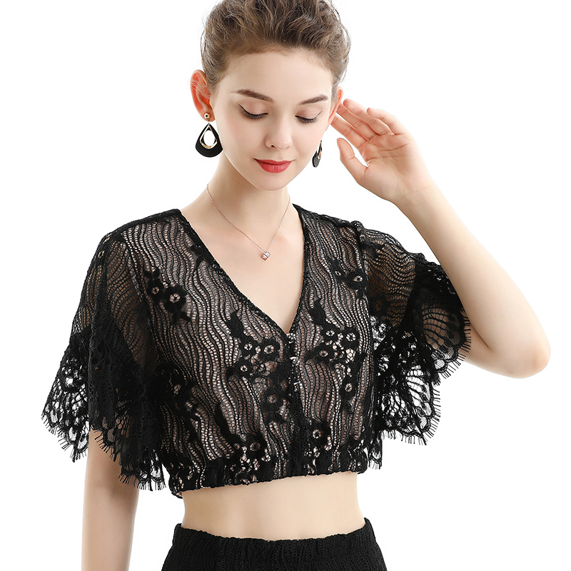 T064-1 Women floral lace V neck short sleeve elasticated hem cropped tops
