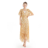 T064-4 Women 2-tone eyelet lace V neck flutter sleeve elasticated hem cropped blouse