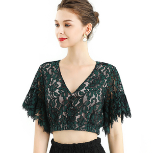 T064-3 Women 2-tone floral lace V neck short sleeve elasticated hem cropped tops