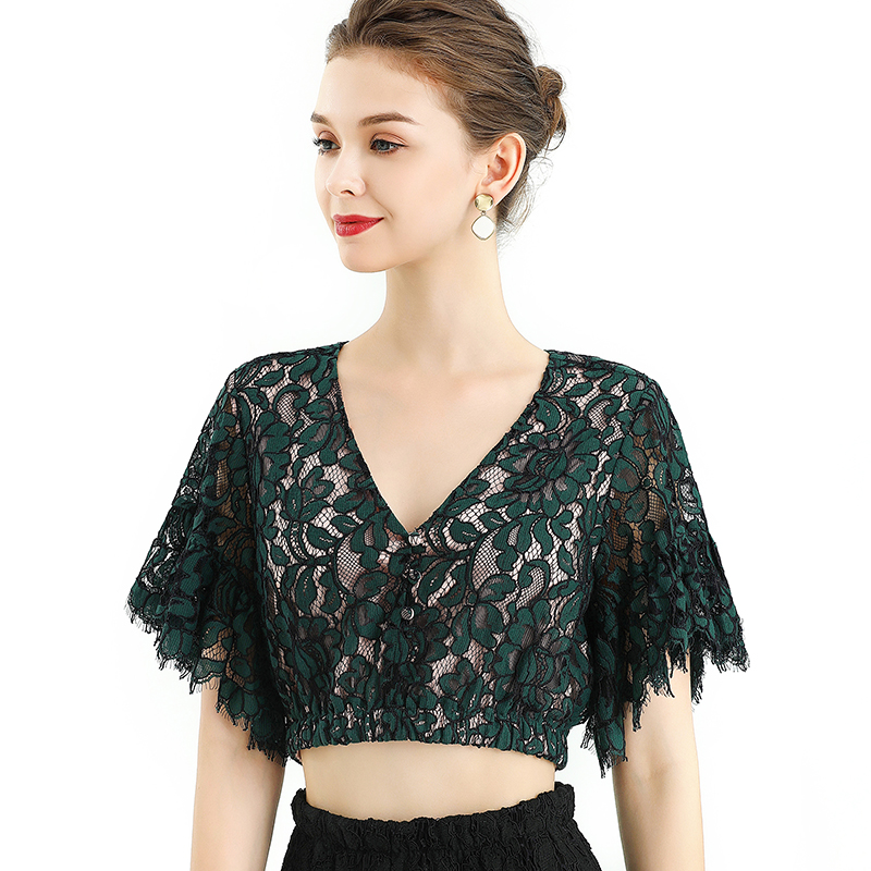 T064-3 Women 2-tone floral lace V neck short sleeve elasticated hem cropped tops