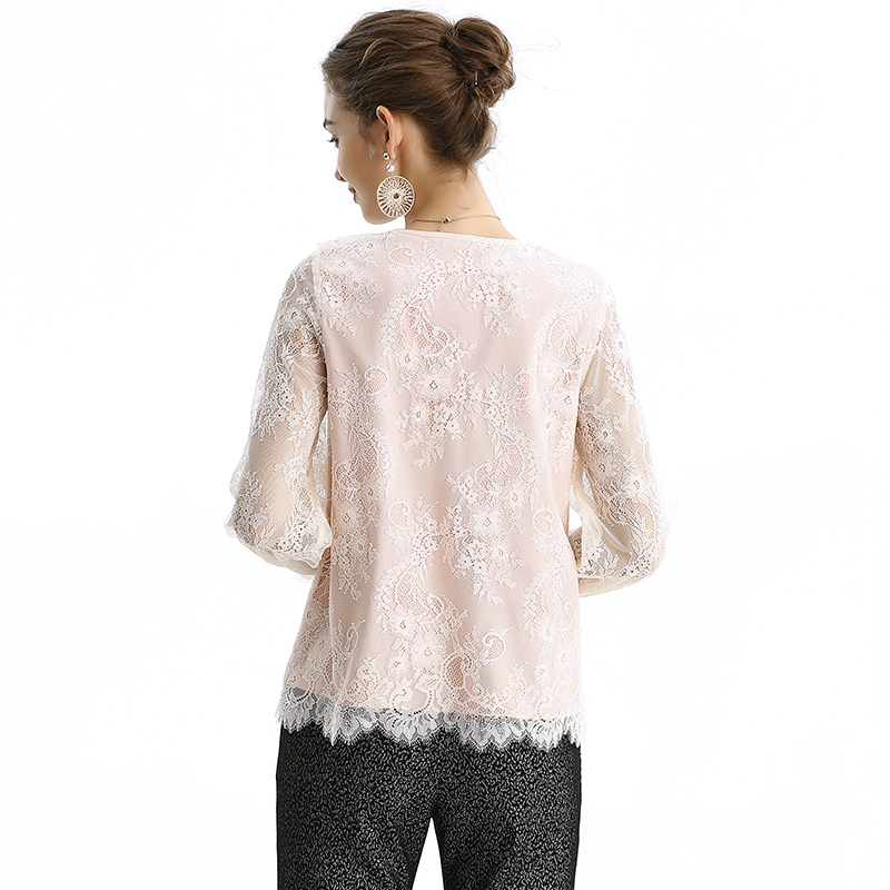 T150 Women Floral lace V-neck ruffled detail long sleeve blouse