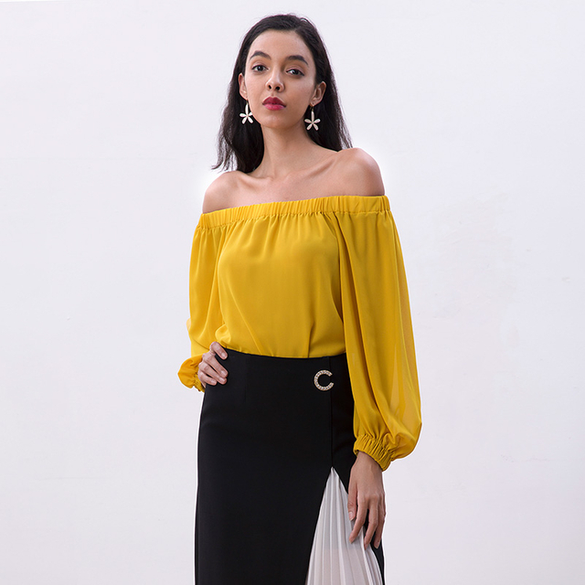 T179-1 Women Solid cold shoulder long lantern sleeve casual blouse