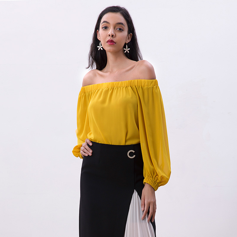 T179-1 Women Solid cold shoulder long lantern sleeve casual blouse