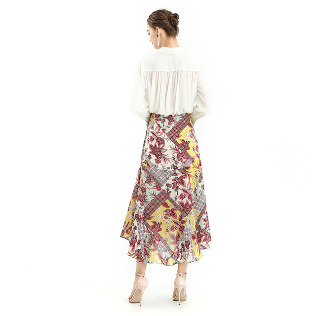 S070-2 Women Retro print wrap design panelled asymmetric casual midi skirt