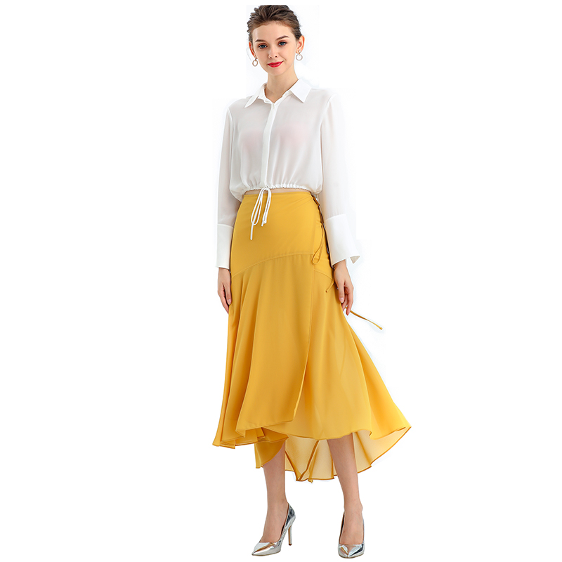 S070-3 Women Solid wrap design panelled asymmetric casual midi skirt